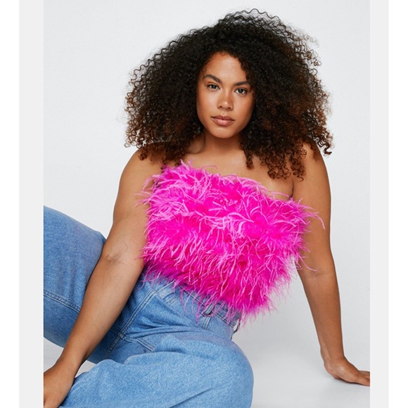 Nasty Gal Tops - Nasty Gal Bright Pink Feather Trim Smocked Tube Crop Top Festival Party Women 18